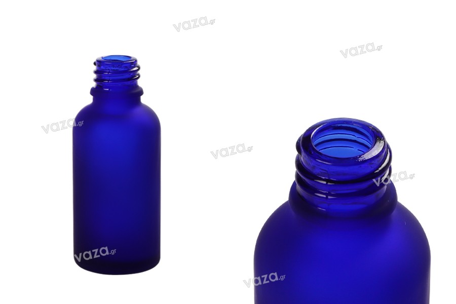 Γυάλινο μπουκαλάκι για αιθέρια έλαια 30 ml μπλε αμμοβολής με στόμιο PP18 