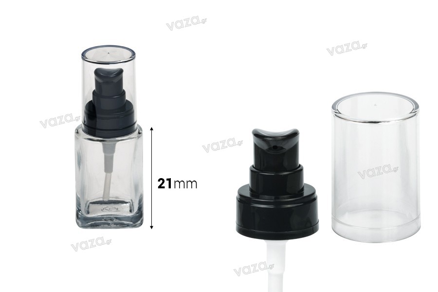 Bottiglietta in vetro per creme da 30 ml con pompa nera in plastica e tappo trasparente

 
