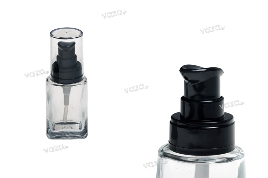 Bottiglietta in vetro per creme da 30 ml con pompa nera in plastica e tappo trasparente

 