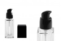 Square 30ml glass bottle in size 103x32 mm with black pump head and cap