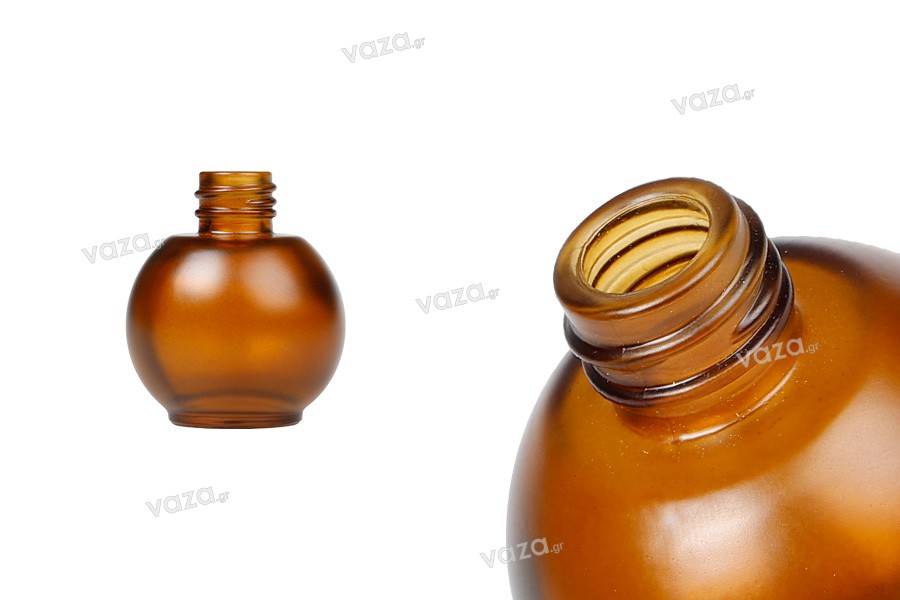 Bottiglia sferica in vetro da 30 ml, di colore ambra sabbiata.