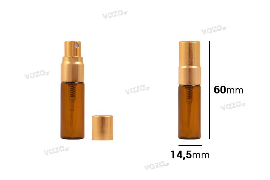 Bottiglietta di vetro da 3 ml, colore ambra, con spray in alluminio color oro lucido - 6 pezzi