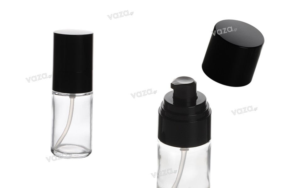 Flacon en verre de 30 ml avec pompe à crème noire et bouchon (PP18