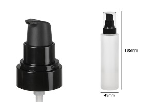 150 ml sandgestrahlte Glasflasche mit schwarzer Kunststoffpumpe (PP 24) und transparentem Verschluss-bildabmessungen