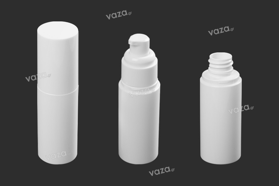 Bottiglia di plastica da 50 ml con pompetta dosatrice per crema (PP20) e tappo.