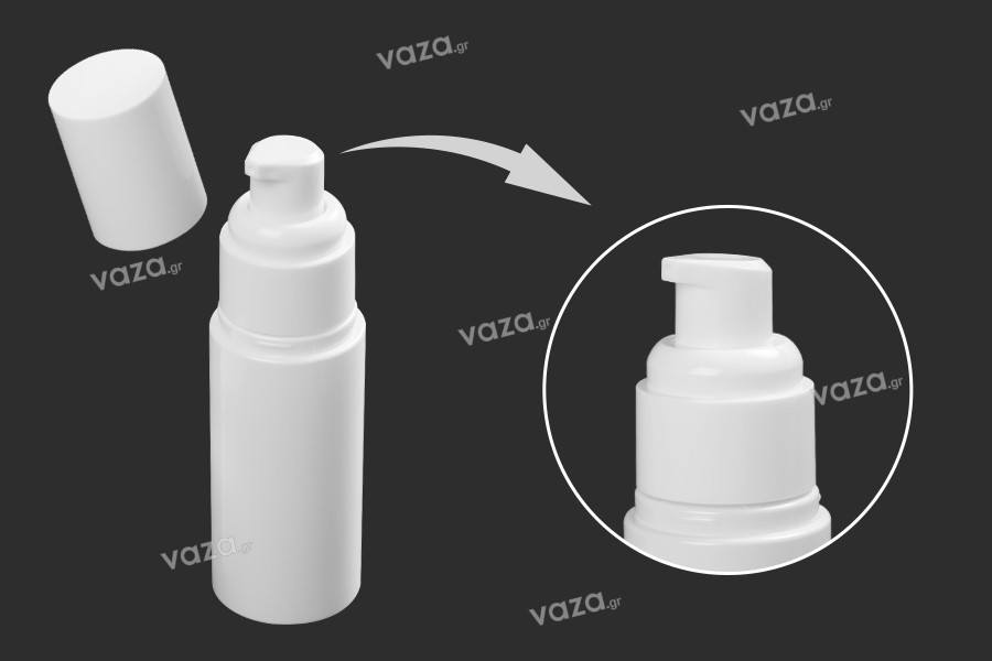 Bottiglia di plastica da 50 ml con pompetta dosatrice per crema (PP20) e tappo.