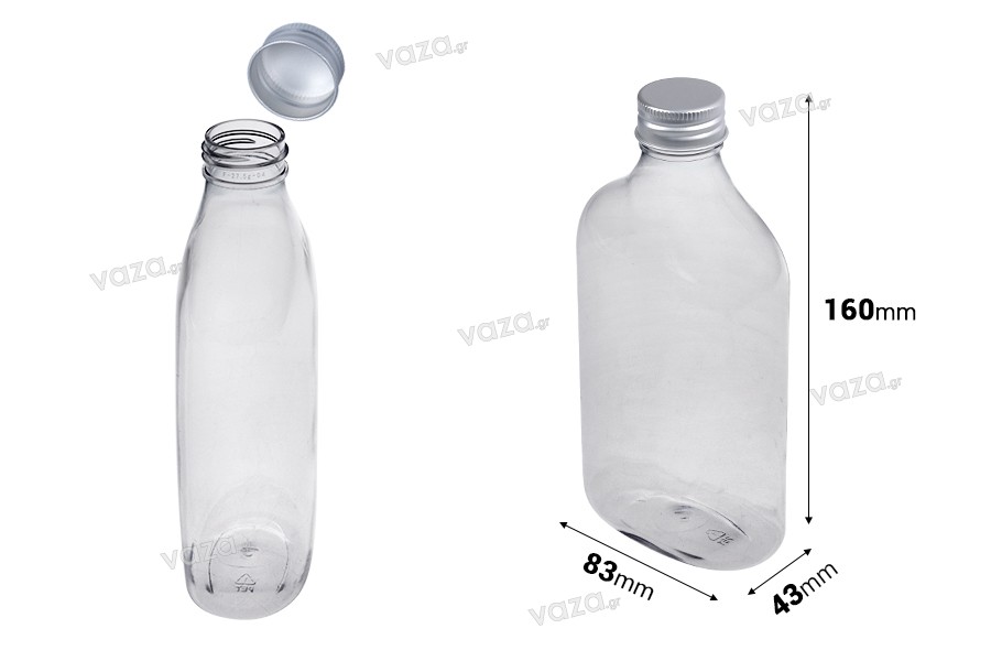 Μπουκάλι πλαστικό (PET) 350 ml διάφανο σε σχήμα πλακέ - φλασκί με καπάκι αλουμινίου - 6 τμχ