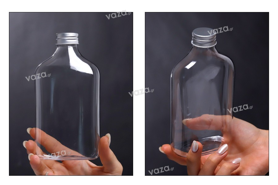 Μπουκάλι πλαστικό (PET) 350 ml διάφανο σε σχήμα πλακέ - φλασκί με καπάκι αλουμινίου - 6 τμχ