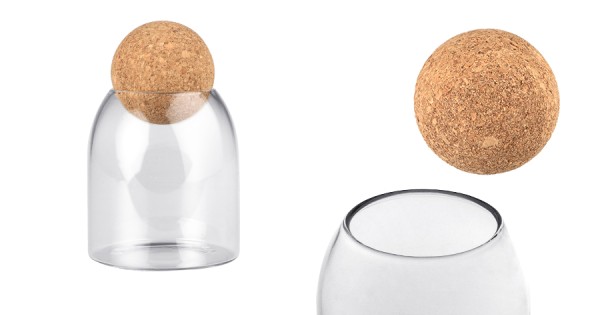 Spherical Jar Glass clear jar 500 ml with natural cork in spherical shape