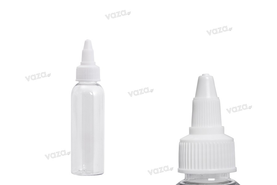 Bouteille transparente PET de 60 ml avec bouchon torsadé unicron blanc pour cigarette électronique - 50 pcs