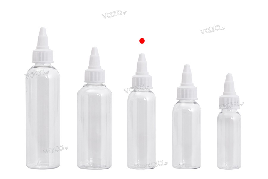 Bouteille transparente PET de 60 ml avec bouchon torsadé unicron blanc pour cigarette électronique - 50 pcs