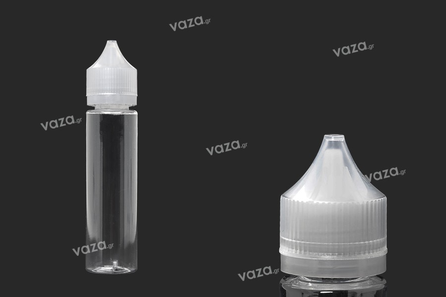 Flacon plastique 60 ml transparent avec compte-gouttes intégré et bouchon  sécurisé pour e-liquide - lot de 50 pièces