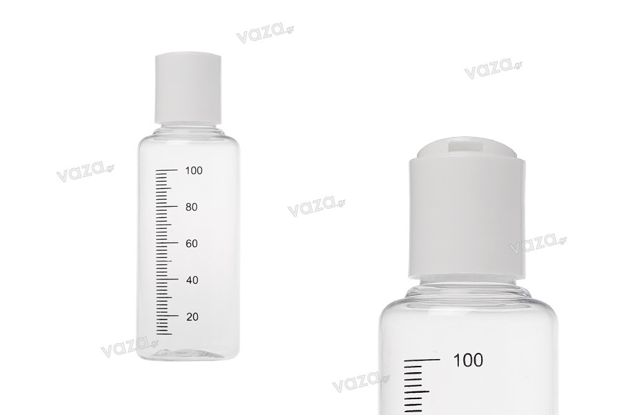 Μπουκαλάκι 100 ml πλαστικό, διάφανο με διαβάθμιση και λευκό καπάκι disk top - 12 τμχ