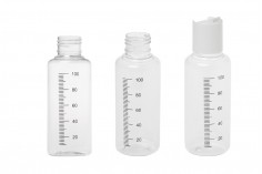 Bottiglietta graduata di plastica trasparente da 100 ml, con tappo disk top bianco - 12 pezzi.