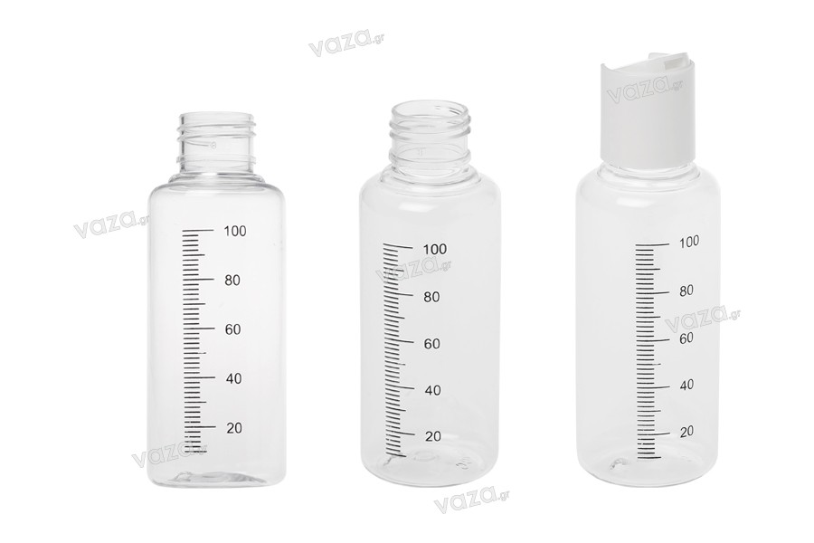 Bouteille en plastique transparente de 100 ml avec graduation et bouchon disk top blanc - 12 pcs