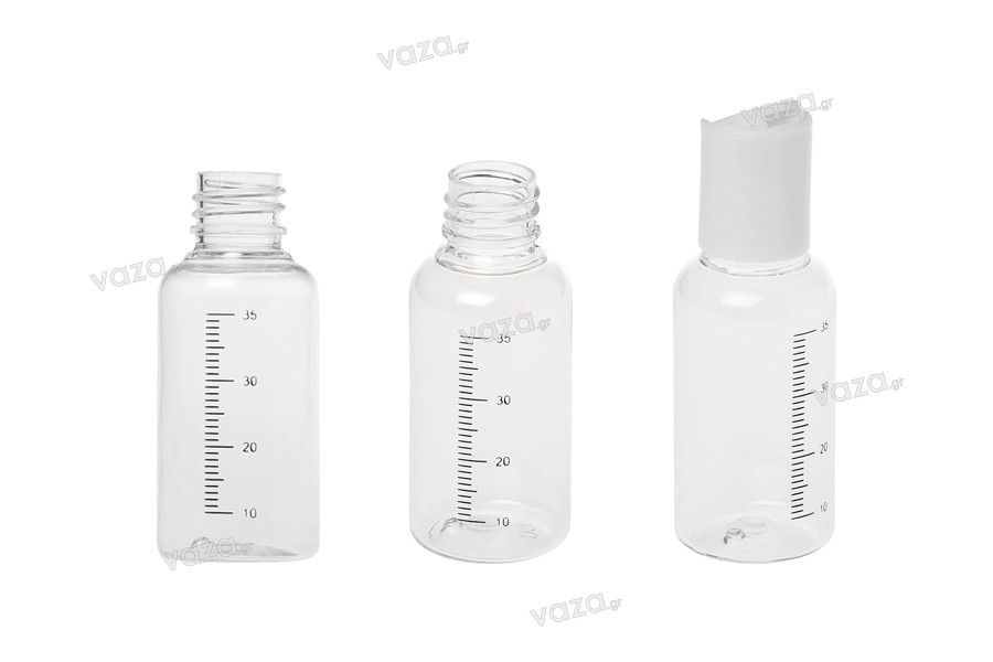 Bottiglietta graduata di plastica trasparente da 35 ml, con tappo disk top bianco - 24 pezzi.
