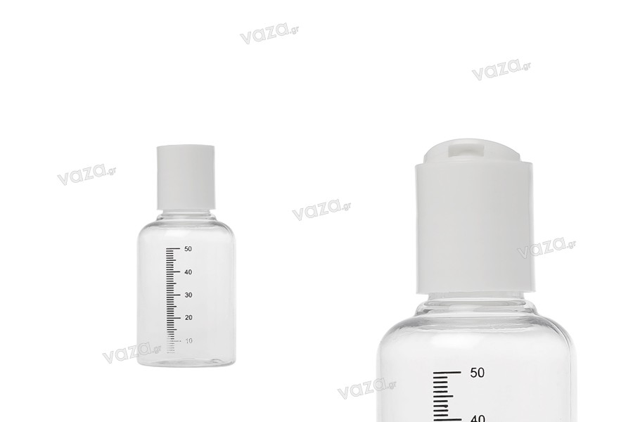 Transparent 50ml graduated plastic bottle with white disc top cap - available in a package with 24 pcs
