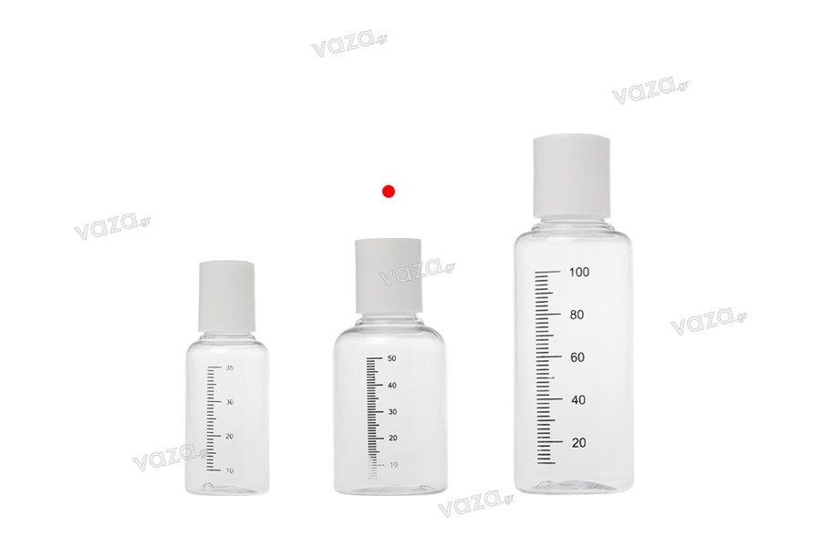 Transparent 50ml graduated plastic bottle with white disc top cap - available in a package with 24 pcs
