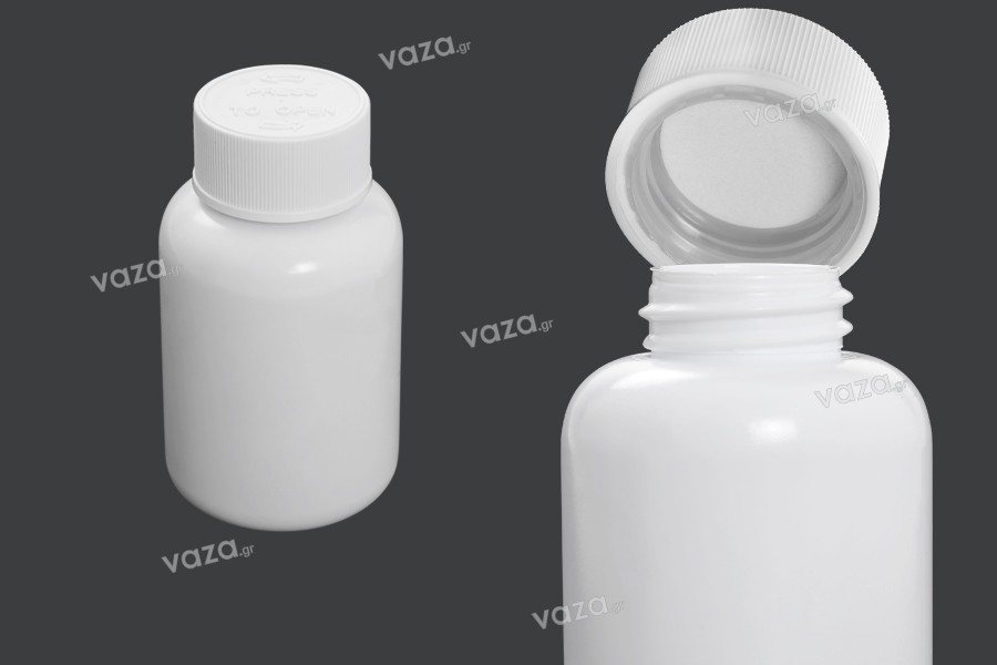 Flasche mit 100 ml Kunststoff für pharmazeutische Präparate sicher auf dem Deckel
