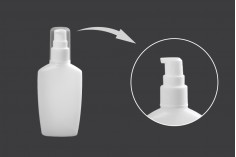Bottiglietta ovale in plastica da 60 ml con pompetta e tappo, ideale per disinfettanti per le mani o prodotti per la pulizia.