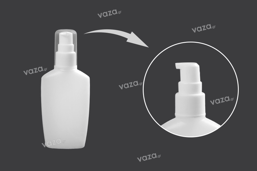 60ml oval-shaped plastic bottle with pump and cap for hand-sanitizers or cosmetic cleansing products. 