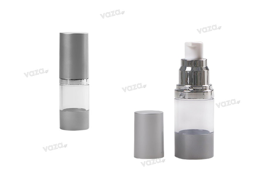 Bottiglia airless da 15 ml per creme, con corpo trasparente in acrilico e tappo in plastica opaca color argento.