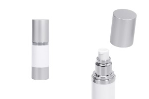 Flacon airless pour crème de 30 ml avec corps en plastique, blanc, bouchon et base en aluminium de couleur argent mat