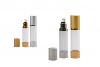 Airless plastic bottle for cream 50 ml with transparent body, aluminum cap and base in 2 colors