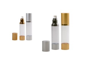 Flacon airless pour crème de 50 ml avec corps en acrylique, transparent, bouchon et base en aluminium en 2 couleurs