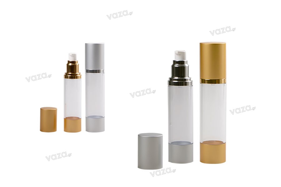 Μπουκάλι airless για κρέμα 50 ml με ακρυλικό, διάφανο σώμα, καπάκι και βάση αλουμινίου σε 2 χρώματα 