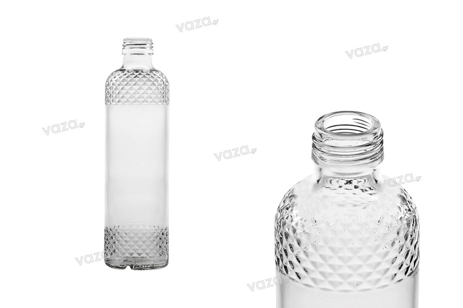Flacon 330 ml transparent, cu desene embosate pe gât și bază