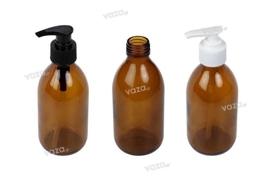 Bottiglia di vetro da 250 ml, colore ambra, con pompetta in plastica.