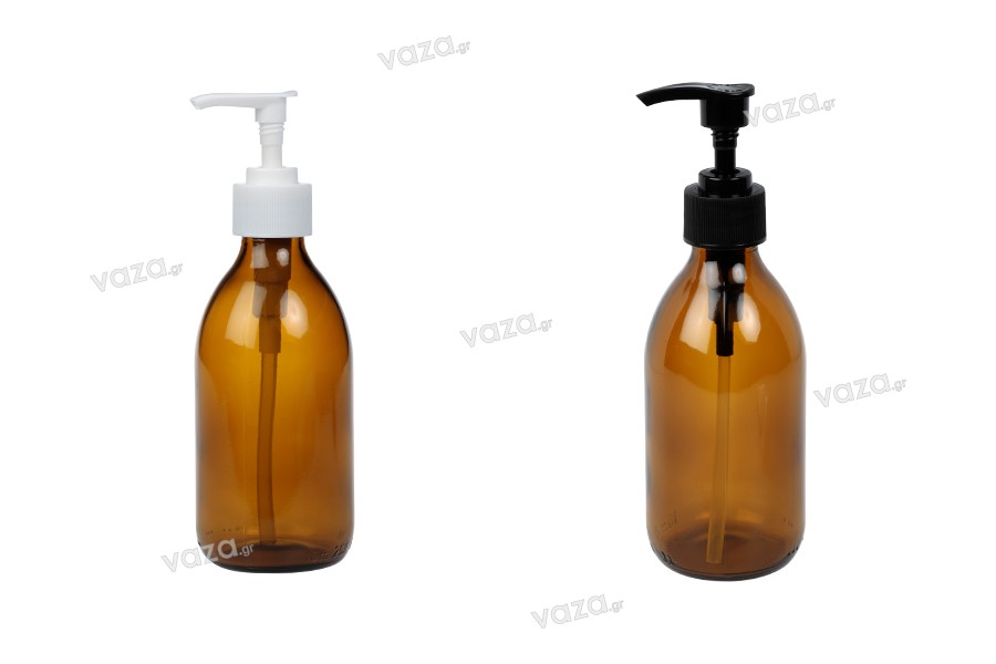 Bottiglia di vetro da 250 ml, colore ambra, con pompetta in plastica.