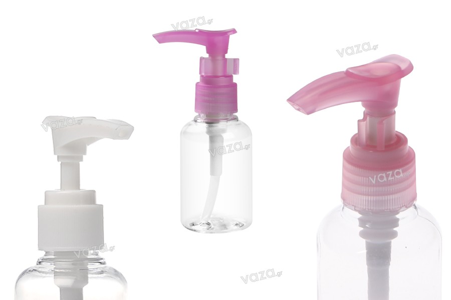 Transparent 50ml PET pump bottle for shampoo, available in a package with 12 pieces