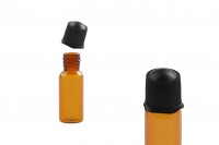 Mini 1ml amber glass bottle with black cap in size 11x34 mm - available in a package with 25 pcs