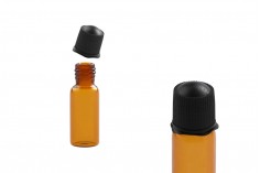 Mini 1ml amber glass bottle with black cap in size 11x34 mm - available in a package with 25 pcs