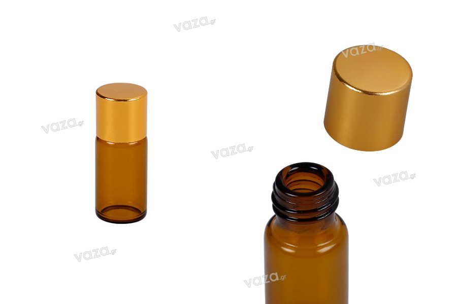 Sticluță brună 5ml  cu capac din aluminiu auriu, în pachet de 12 bucăți