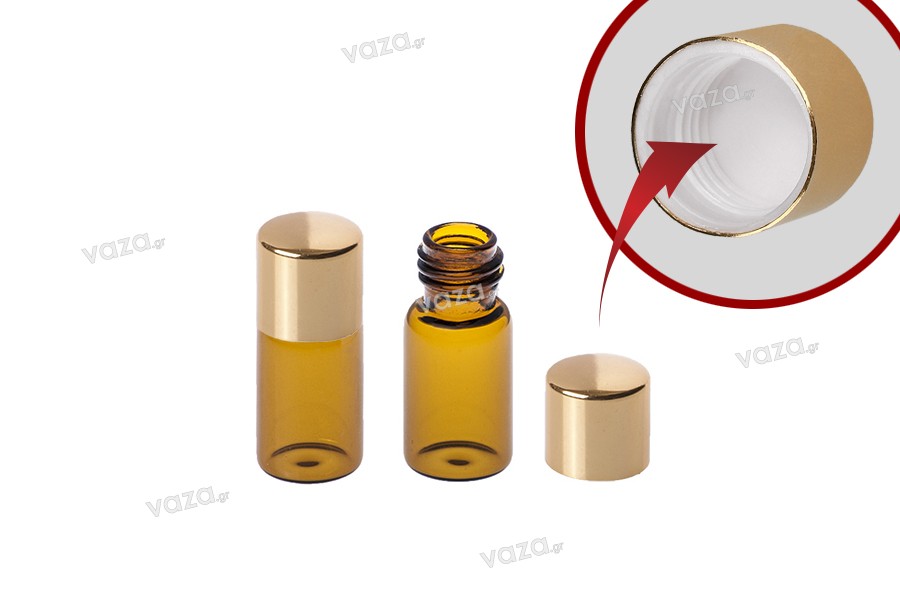 Mini 3ml amber glass bottle with gold aluminum cap, available in a package with 12 pieces