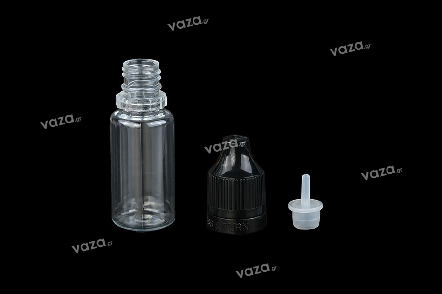Sticluță de plastic transparentă 10 ml, cu capac de plastic negru CRC și dropper de plastic pentru țigară electronică - 50 buc