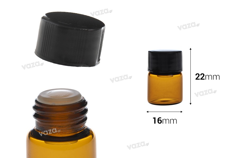 Γυάλινο μπουκαλάκι μινιατούρα 2 ml, καραμελέ 16x22 με μαύρο καπάκι και πλαστική τάπα