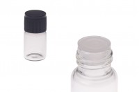Bottle 2 ml miniature, glass, transparent 16x30 with black cap and plastic stopper