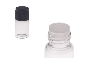 Shishe qelqi 2 ml miniaturë, transparente 16x30 kapak të zi dhe tapë plastike-εικόνα_προϊοντική
