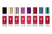 Roll on glass 10 ml with glass ball, red print &quot;Myrto Mount Athos and aluminum cap in various colors for churches - monasteries