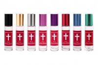 Roll on glass 10 ml with glass ball, red print &quot;Myrto Mount Athos and aluminum cap in various colors for churches - monasteries