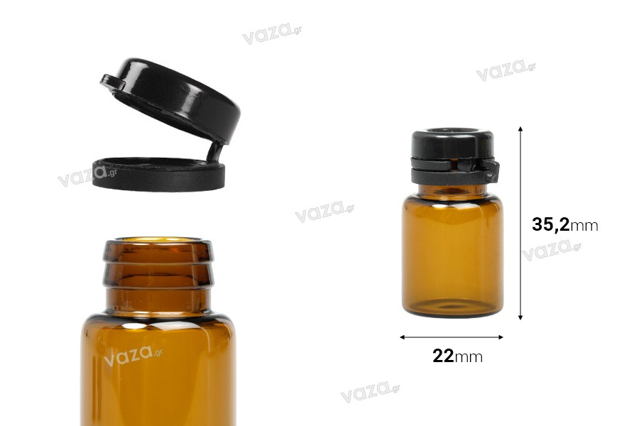 Flacon en verre de 7 ml de couleur caramel avec bouchon de sécurité en plastique noir (encliquetable) pour médicaments et homéopathie