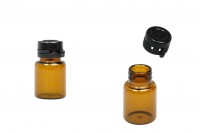 Flacon en verre de 7 ml de couleur caramel avec bouchon de sécurité en plastique noir (encliquetable) pour médicaments et homéopathie