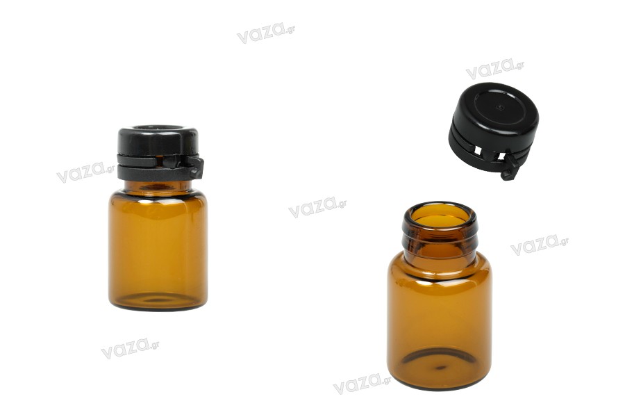 Flaconcino in vetro caramellato da 7 ml con tappo di sicurezza in plastica nera (a scatto) per medicinali e omeopatici