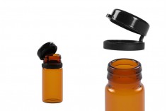 Flaconcino di vetro in colore ambra da 5 ml con tappo di sicurezza nero in plastica (a pressione) per farmaci e omeopatici.