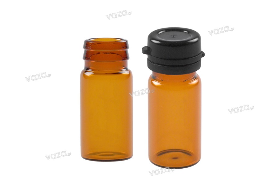 5ml amber glass vial with black plastic child-resistant cap for medicines and pharmaceutical products