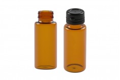 Flaconcino di vetro in colore ambra da 10 ml con tappo di sicurezza nero in plastica (a pressione) per farmaci e omeopatici.